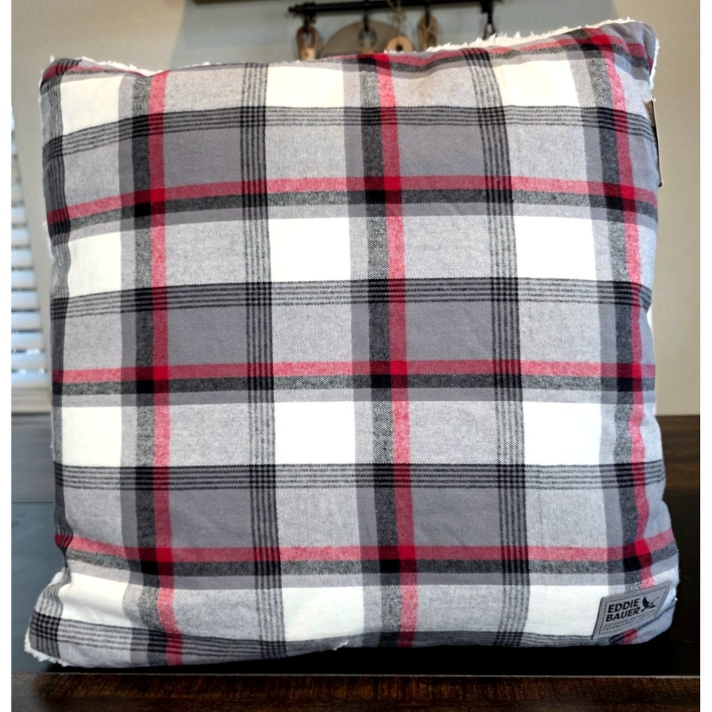 Eddie Bauer Decorative Throw Pillow Wallace Plaid Sherpa Red Black Square 20 NEW